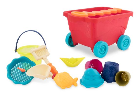 Ensemble de jeux de sable de plage pour enfants Wavy-Wagon avec seau, tamis, moules, pelle et râteau, 18 mois et plus Image de l’article