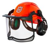 hard hat with face shield and ear protection