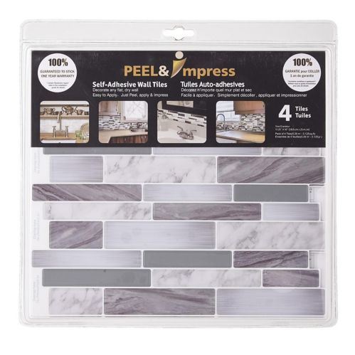 Carreaux adhésifs muraux  Peel & Impress, vinyle, marbre gris rectangulaire, paq. 4 Image de l’article