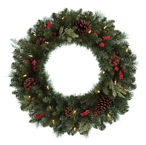 NOMA Pre-Lit LED Artificial Preston Christmas Wreath with Berries & Pinecones, 24-in Product image