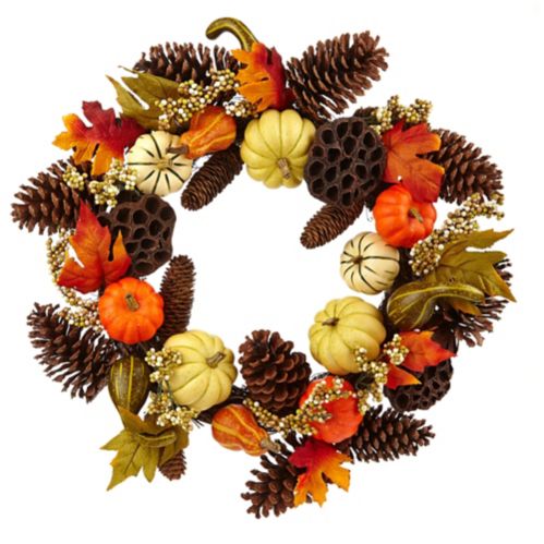 For Living Pine Cone & Pumpkin Wreath for Fall & Thanksgiving Decorations, Orange, 22-in Product image