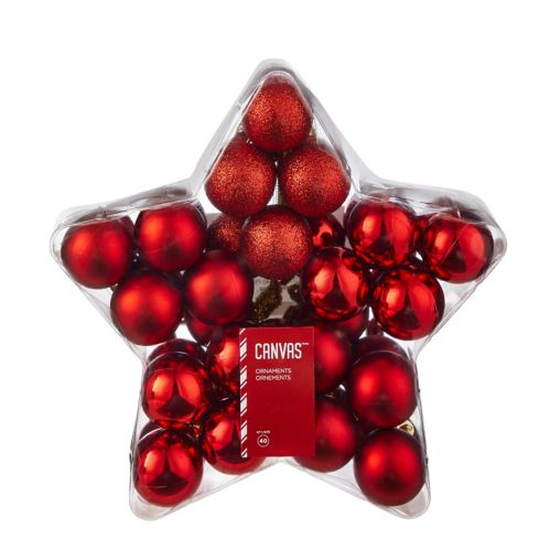 Décoration de Noël boules incassables CANVAS, dans un boîtier étoile, rouge, 40 mm, paq. 40 Image de l’article