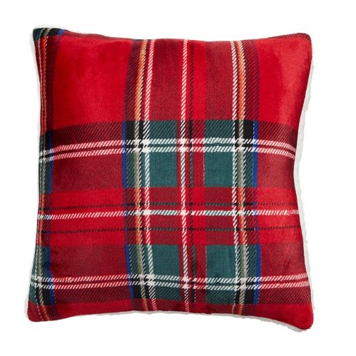 Coussin carré à motif écossais décoratif de Noël CANVAS, de source soigneusement choisie, rouge, 18x 18 po Image de l’article