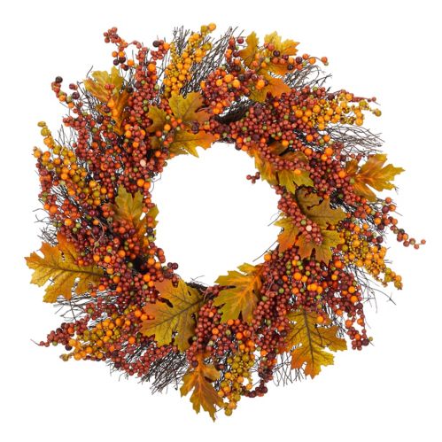 Couronne de feuilles d’automne et de baies CANVAS, décorations intérieures pour la maison, orange, 22 po Image de l’article