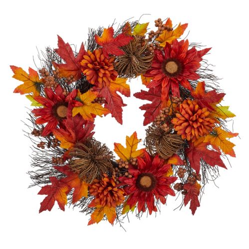CANVAS Sunflower Wreath with Maple Leaf, Fall Harvest & Thanksgiving Decoration, Red, 2-ft Product image