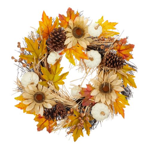 Couronne de tournesol CANVAS avec citrouilles, décoration d’intérieur d’automne et de l’Action de grâces, jaune, 2 pi Image de l’article