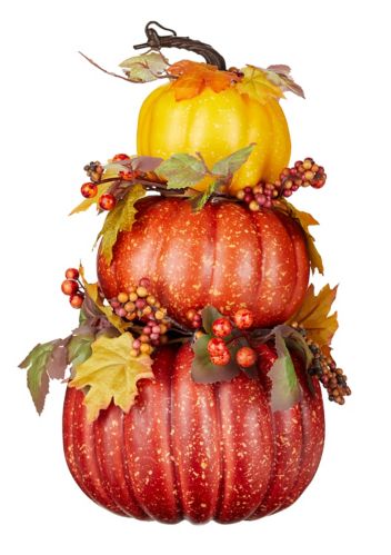 Citrouille empilée CANVAS avec baies et feuilles pour décorations d’automne et d’Halloween, 3, orange, 15 po Image de l’article