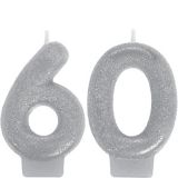 Bougies d'anniversaire numéro 60, argent scintillant, paq. 2 | Amscannull