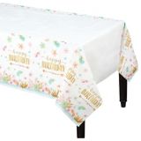 Boho Girl Happy Birthday Paper Table Cover features Flowers & Feathers, Pink/Green/Gold, 54-in x 96-in