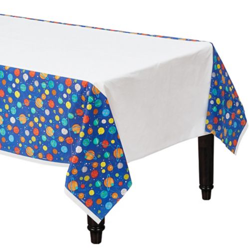 Blast Off Birthday Party Reusable Table Cover features Planets and Stars,  54-in x 96-in Product image