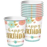 Boho Girl Happy Birthday Paper Cups feature Flowers and Feathers, Pink/Green/Gold, 9-oz, 8-pk | Amscannull