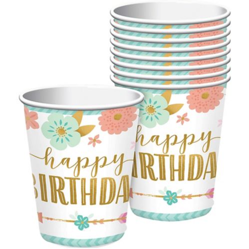 Boho Girl Happy Birthday Paper Cups feature Flowers and Feathers, Pink/Green/Gold, 9-oz, 8-pk Product image