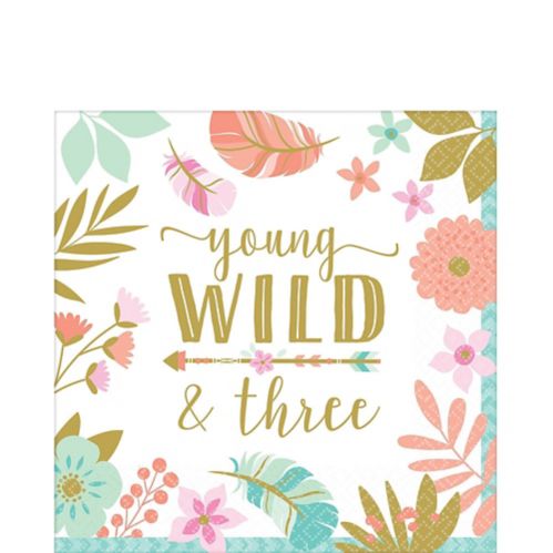 Boho Girl 3rd Birthday Party Napkins feature "young, wild and three" in Gold, 16-pk Product image