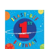 Blast Off Milestone 1st Birthday Party Napkins feature Planets and Stars, Blue, 16-pk