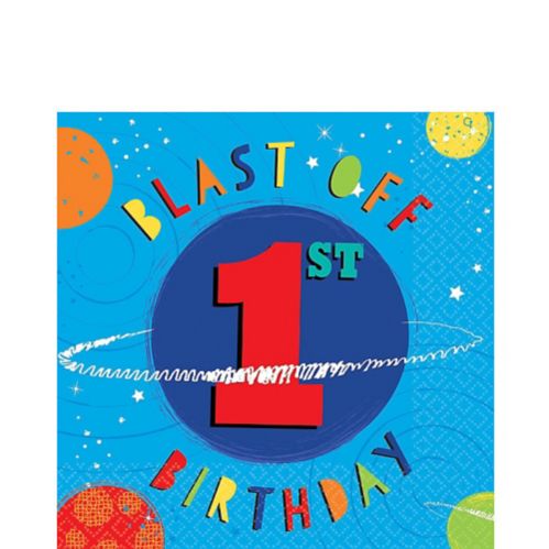 Blast Off Milestone 1st Birthday Party Napkins feature Planets and Stars, Blue, 16-pk Product image
