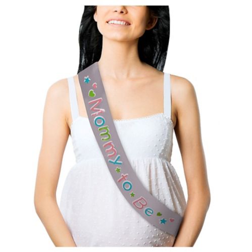 Mommy to Be Sash, Silver with Pink/Green/Blue Letters Product image