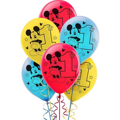 Ballons pour fête de 1er anniversaire en latex, Disney Mickey Mouse, bleu/rouge/jaune, paq. 15 Image de l’article