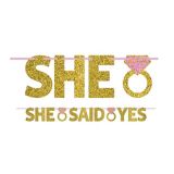 "She Said Yes" Letter Banner Engagement/Wedding Decoration with ring, Glitter Gold