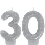 Bougies d'anniversaire nombre 30, argent scintillant, paq. 2 | Amscannull