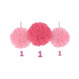 1st Birthday Tissue Pom Poms Party Decoration with Glitter Cutouts, Pink, 3-pk | Amscannull