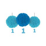 1st Birthday Tissue Pom Poms Party Decoration with Glitter Cutouts, Blue, 3-pk | Amscannull