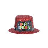 Mini haut-de-forme scintillant Happy Birthday rouge