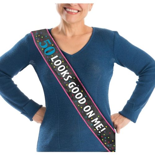 Milestone 50th Birthday Party Sash features "50 Looks Good on Me" Product image