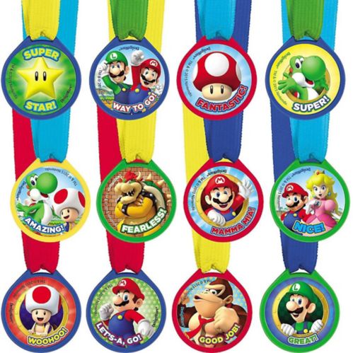 Médailles pour fête d'anniversaire, Super Mario, bleu/rouge/jaune/vert, paq. 12 Image de l’article