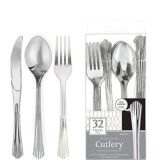 Silver Fan Handle Premium Plastic Cutlery Set, 32-pc