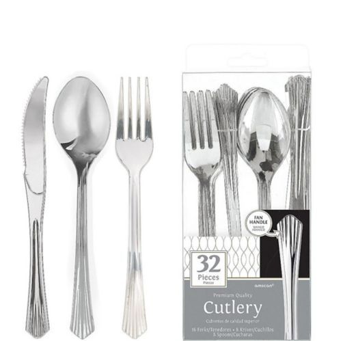 Silver Fan Handle Premium Plastic Cutlery Set, 32-pc Product image