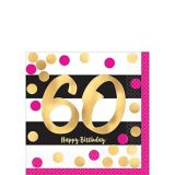 Milestone 60th Birthday Party Beverage Napkins, Metallic Pink/Gold, 16-pk