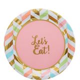 "Let's Eat" Herringbone Dessert Plates for Birthday/Bridal Shower/Engagement Party, Pastel/Gold, 8-pk