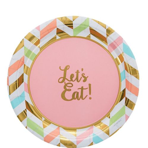 "Let's Eat" Herringbone Dessert Plates for Birthday/Bridal Shower/Engagement Party, Pastel/Gold, 8-pk Product image