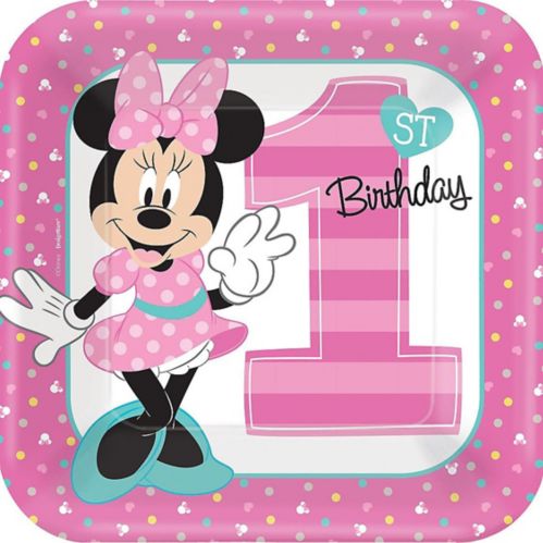 Assiettes à dîner pour fête de 1er anniversaire, Disney Minnie Mouse, carré, grand, 9 po, paq. 8 Image de l’article