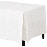 Flannel-Backed Vinyl Fitted Tablecloth for Birthday Party/Graduation, White with Gold Stars