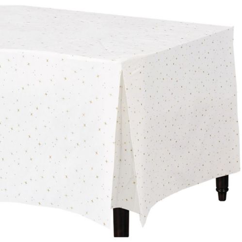 Flannel-Backed Vinyl Fitted Tablecloth for Birthday Party/Graduation, White with Gold Stars Product image