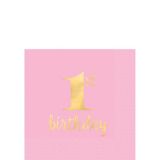 1st Birthday Premium Small Beverage Napkins, Pink with Metallic Gold Letters, 5-in, 16-pk | Amscannull