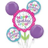 Bouquet de ballons en aluminium d'anniversaire, gonflage à l’hélium inclus, rose/sarcelle/violet, paq. 5