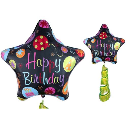 Ballon en forme d'étoile Happy Birthday avec queue à franges en spirale, 31 po Image de l’article