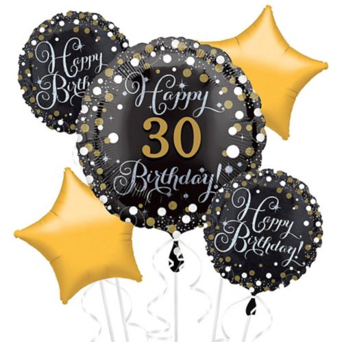 Prismatic 30th Birthday Foil Balloon Bouquet, Helium Inflation Included, Black/Gold, 5-pc Product image