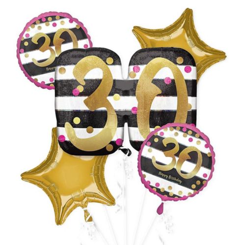 30th Birthday Foil Balloon Bouquet, Helium Inflation Included, Black/White/Gold/Pink, 5-pc Product image