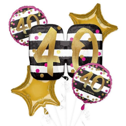 40th Birthday Foil Balloon Bouquet, Helium Inflation Included, Black/White/Gold/Pink, 5-pc Product image