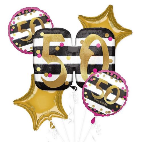 50th Birthday Foil Balloon Bouquet, Helium Inflation Included, Black/White/Gold/Pink, 5-pc Product image
