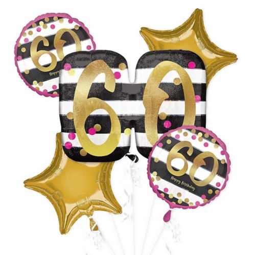 60th Birthday Foil Balloon Bouquet, Helium Inflation Included, Black/White/Gold/Pink, 5-pc Product image