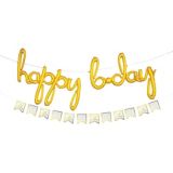 Air-Filled "Happy Bday" Cursive Letter Foil Balloons with Pennant Banner, Gold