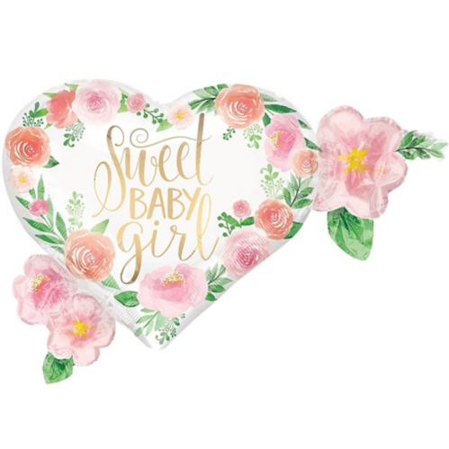Ballon en forme de coeur Sweet Baby Girl, motif floral, 27 po Image de l’article