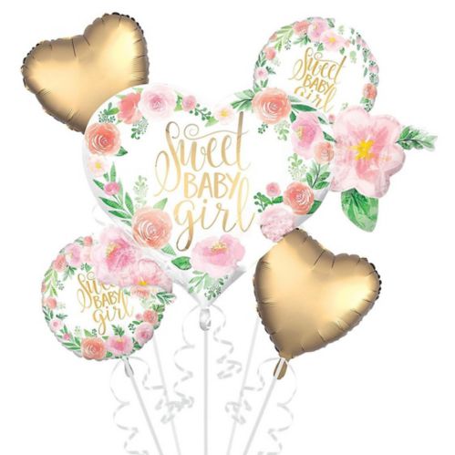 Sweet Baby Girl Floral Foil Balloon Bouquet for Baby Shower/New Baby, Helium Inflation Included, 5-pc Product image