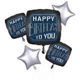 Vintage Happy Birthday Foil Balloon Bouquet, Helium Inflation Included, Black/Silver/Blue, 5-pc