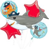 Pirate Shark Foil Balloon Bouquet for Birthday Party, Helium Inflation Included, 5-pc