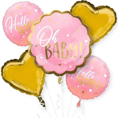 "Oh Baby" Baby Shower Foil Balloon Bouquet, Helium Inflation Included, Pink/Gold, 5-pc Product image